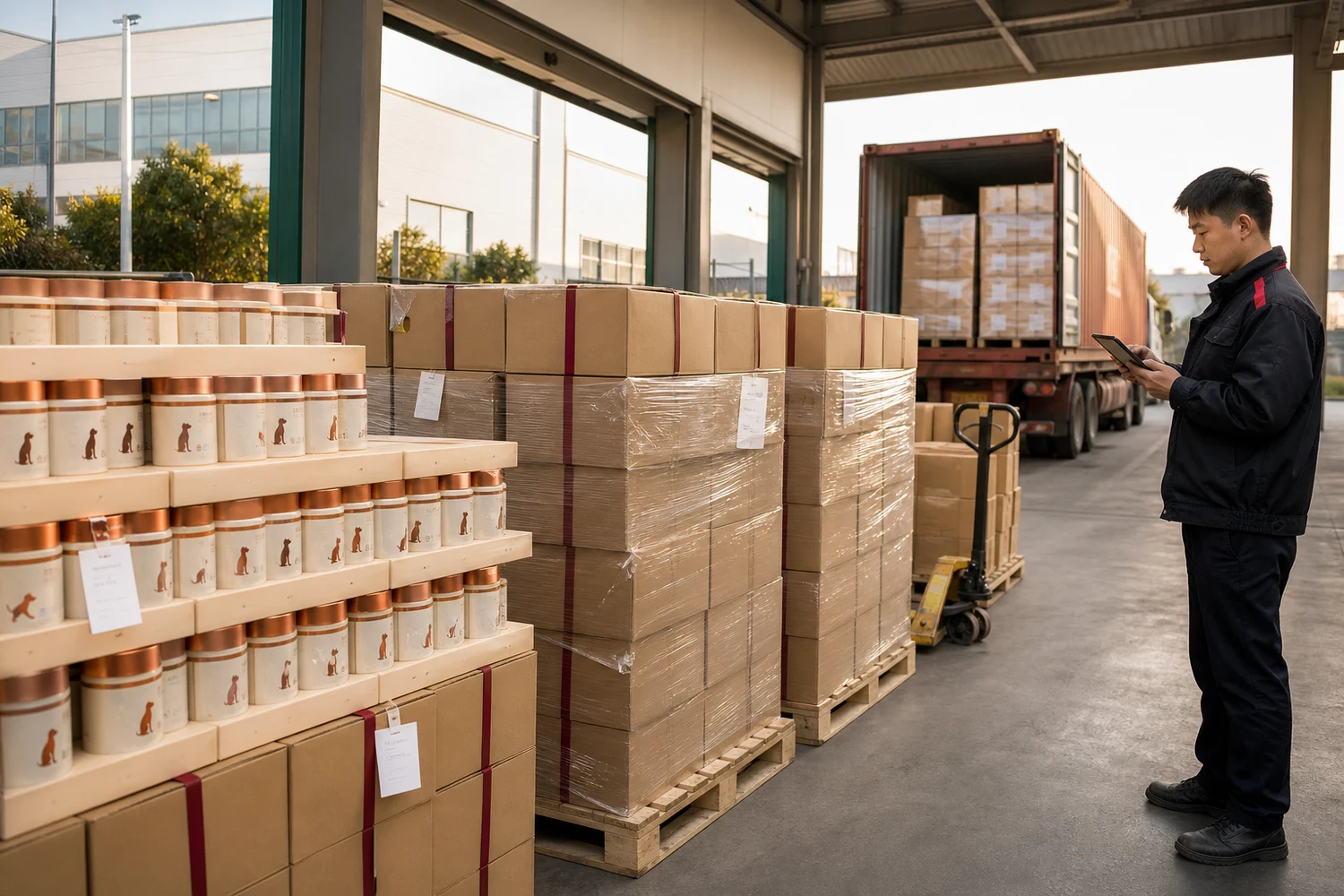 Cartons de compléments pour animaux préparés pour l’expédition internationale