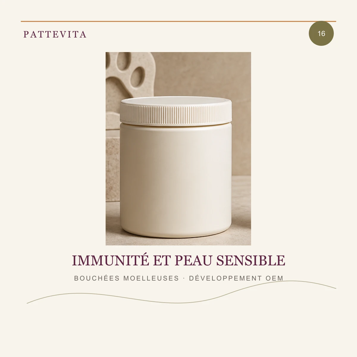 Présentation éditoriale de Bouchées moelleuses — Immunité et peau sensible pour une gamme en marque blanche