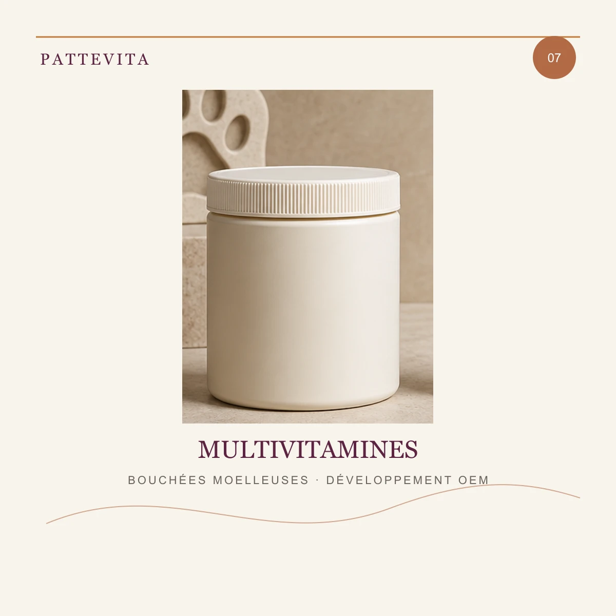 Présentation éditoriale de Bouchées moelleuses — Multivitamines pour une gamme en marque blanche