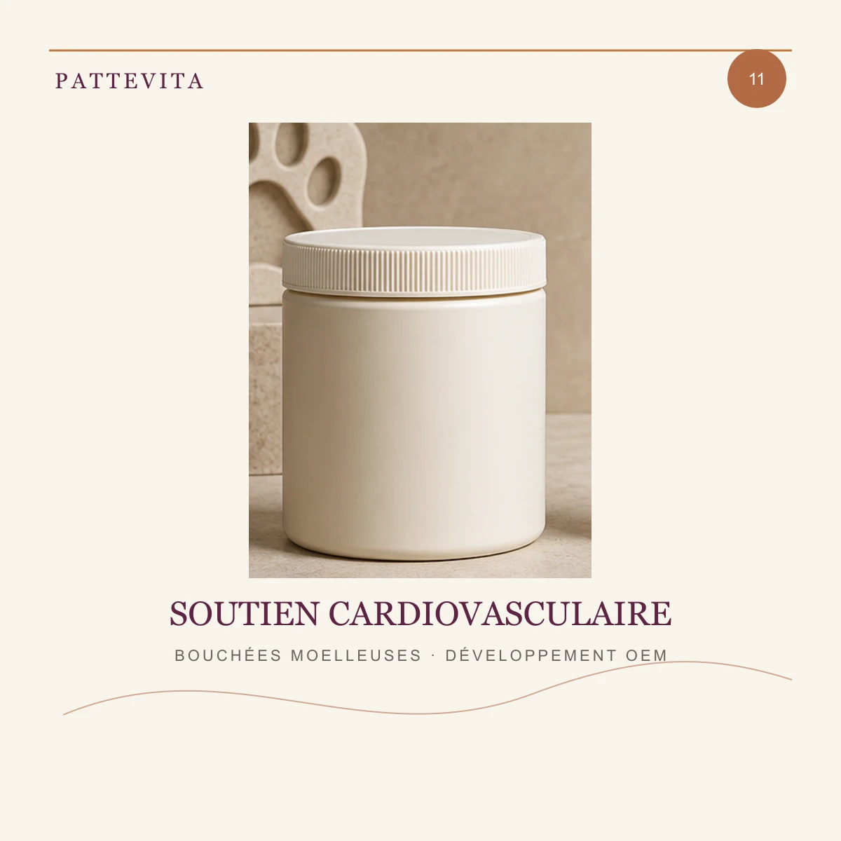 Présentation éditoriale de Bouchées moelleuses — Soutien cardiovasculaire pour une gamme en marque blanche