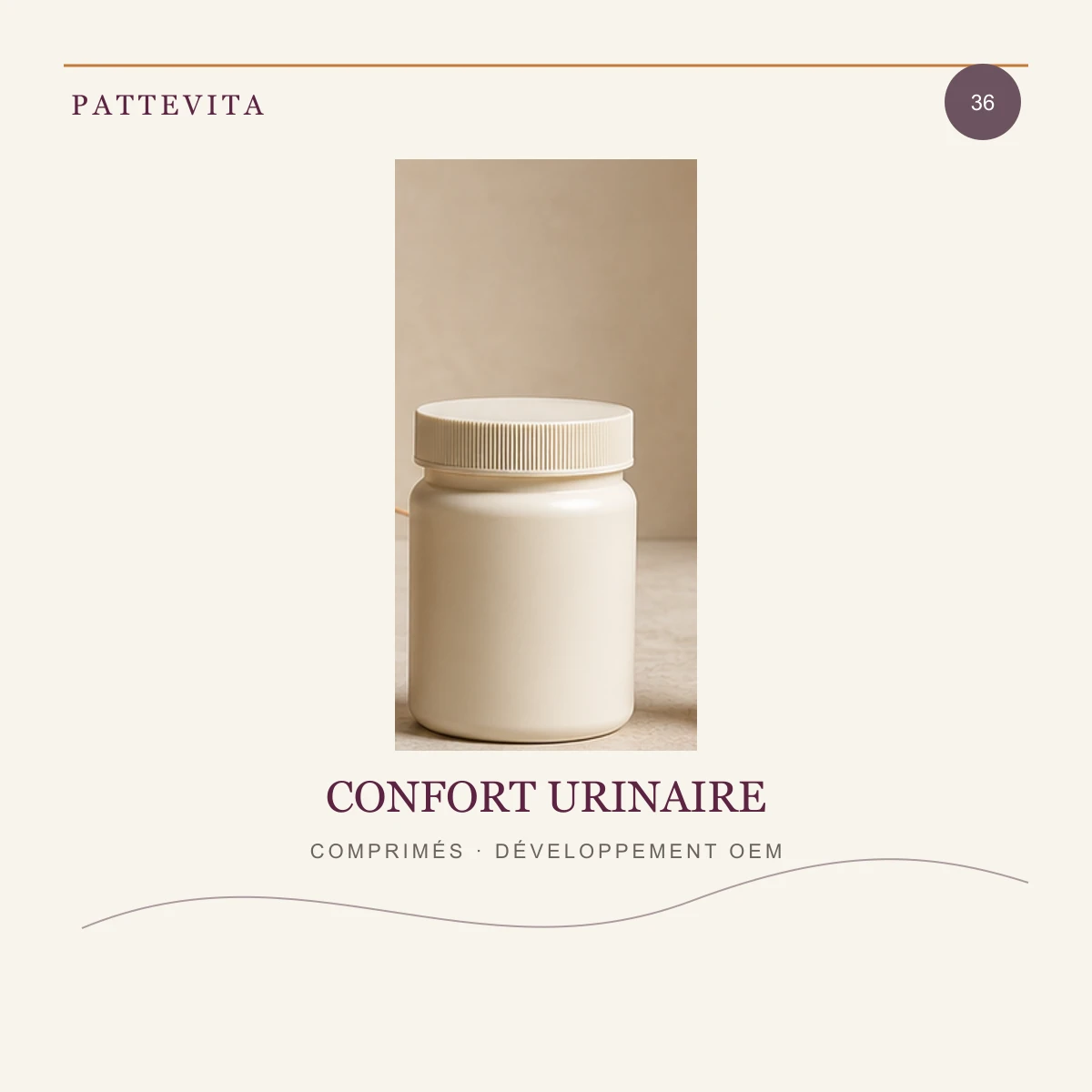 Présentation éditoriale de Comprimés — Confort urinaire pour une gamme en marque blanche