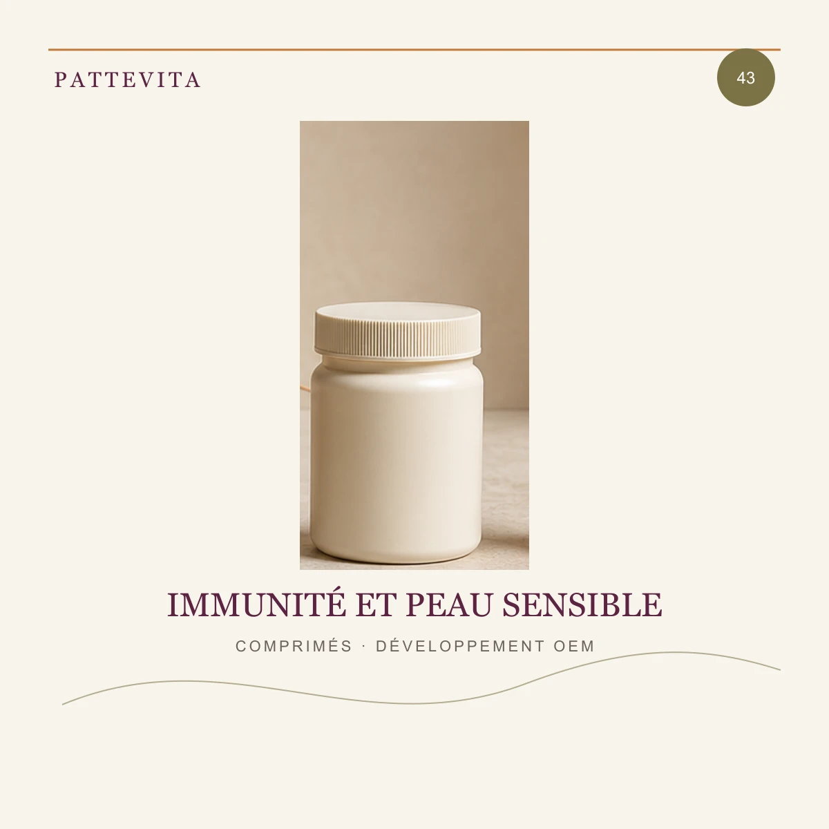 Présentation éditoriale de Comprimés — Immunité et peau sensible pour une gamme en marque blanche