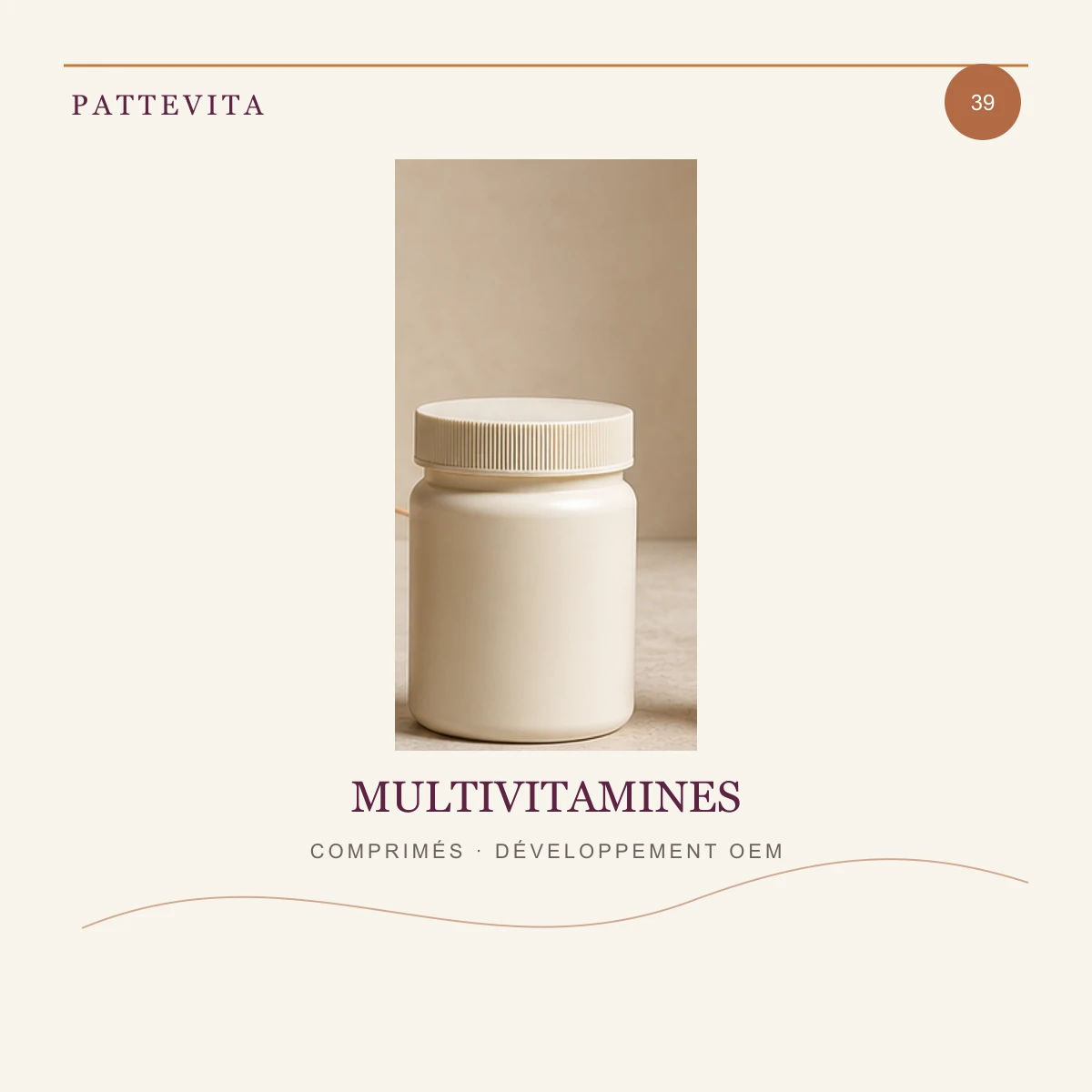 Présentation éditoriale de Comprimés — Multivitamines pour une gamme en marque blanche