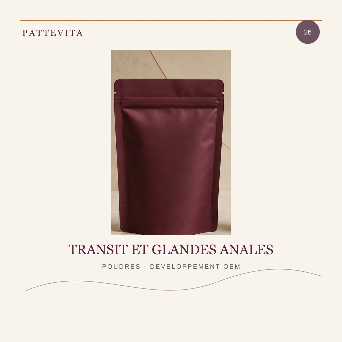Présentation éditoriale de Poudres — Transit et glandes anales pour une gamme en marque blanche